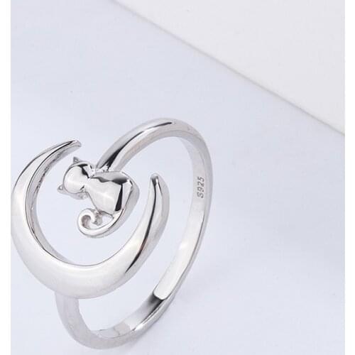 925 Sterling Silver Cat Open Custom Adjustable Unique Style Moon Animal Rings For Woman DIY Jewelry Making Fit Pandora