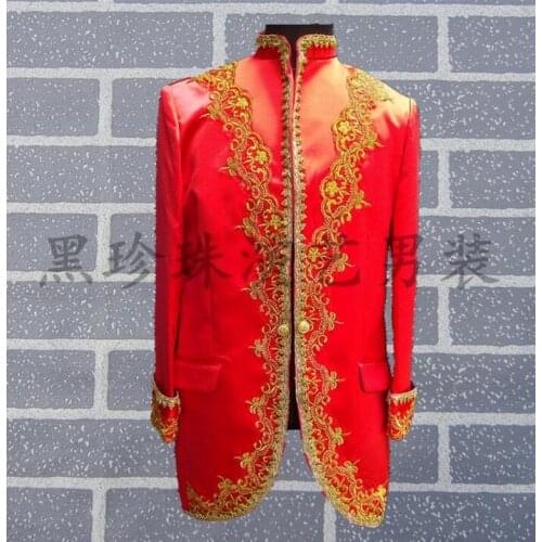Gold laciness royal men suits designs masculino homme terno stage costumes for singers men blazer dance jacket star style red