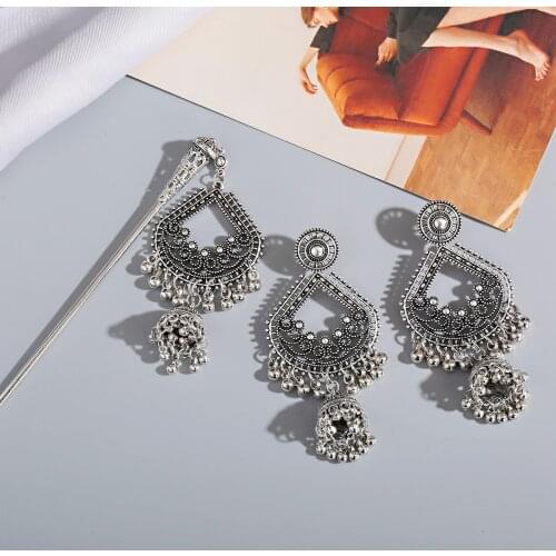 Gypsy Bell Dangle Earrings And Hairpin Set Jhumka Drop Earring Ethnic Hair Sticks For Hair Accessories Women Girl Silver Color
