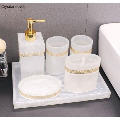 Luxury Nordic Rhinestone Resin Bathroom Accessories Set Tray Emulsion Bottle Hand Sanitizer Soap Dispenser Toothbrush Holder
