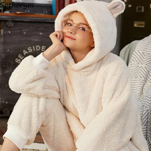 Pajama Sets Women Hooded Solid Simple Kawaii Pockets Warm Winter Sweet Womens Long Sleeves Sleepwear Coral Fleece Trendy Set