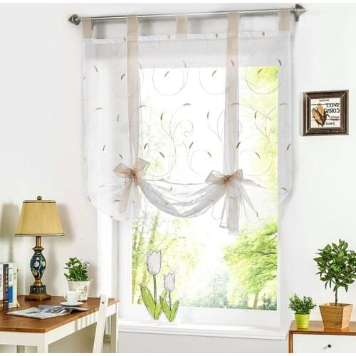 Roman Shade European Embroidery Style Tie Up Window Curtain Kitchen Curtain Voile Sheer Tab Top Window Brand