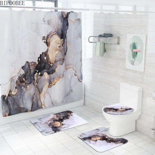 Marble Stone Grain Printing Bathroom Curtains Waterproof Polyester Fabric Shower Curtain with Hooks Toilet Seat Cover Bath Mats