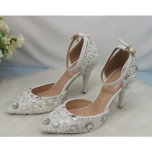 Womens Wedding Shoes Bridal Sandals Shoes Woman Thin Heel Crystal Party Dress Shoes Woman High Pumps white Pearl Wedding shoes