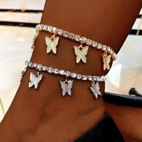 Vintage Charm Butterfly Women Anklet Shiny Zircon Rhinestones Insect Butterfly Anklet Summer Beach Female Foot Chain Jewelry