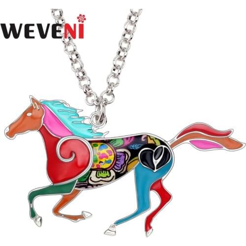 WEVENI Enamel Alloy Metal Running Horse Necklace Pendant Chain Choker Wild Animal Jewelry For Women Girls Teens Wholesale Party