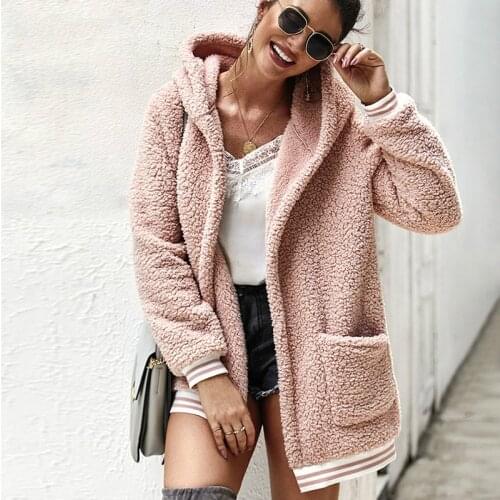 Faux Fur Coat Women Hooded Winter Casual Teddy Coat Autumn Pockets Plus Size Fur Jacket Fleece Fluffy Overcoat Outwear