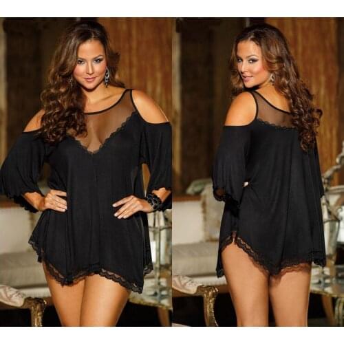 Ladies Sexy Lingerie Erotica Apparel Nightclub Round Neck Perspective Breast Half Sleeves Irregular Hemline Nightdress QQ419
