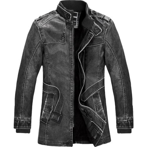 Winter Leather Jacket Mens Casual Warm Mens Long Leather Trench Coat Washed PU Leather Motorcycle Jacket Plus size 3XL