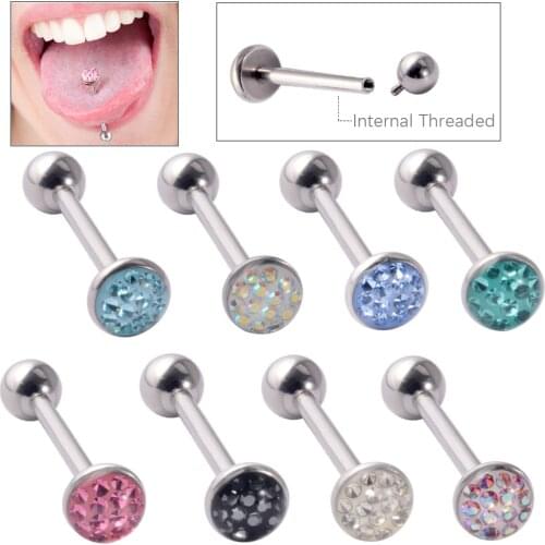 1Pc Anti-allergy Tongue Piercing Surgical Steel CZ Gem Tongue Barbell Rings Nipple 14gX14/16mm Straight Bars Body Jewelry
