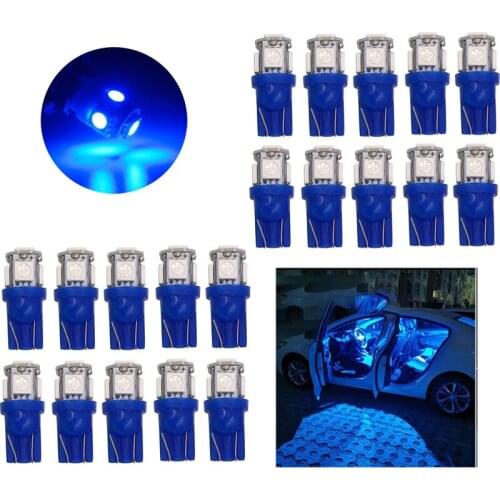 20Pcs T10 Blue Wedge 5SMD 5050 LED Bulbs W5W 2825 192 168 194 Car Interior Reading Dome Trunk License Plate Lights 12V 24V