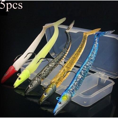 5pcs/box Artificial Luminous Lure Set Sea Jig Bared Fishing Lures Sinking Soft Bait with Carbon String Jig Hooks