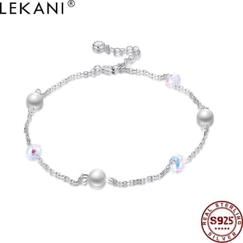 LEKANI S925 Sterling Silver Anklets For Women Round Beads Austria Crystal Anklet Bracelets Famale Birthday Gift Fine Jewelry