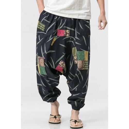 2019 New Fashion Mens Casual Cotton Baggy Pants Harem Pants Boho Print Style Trousers Size M-XXXL Blue Orange Black