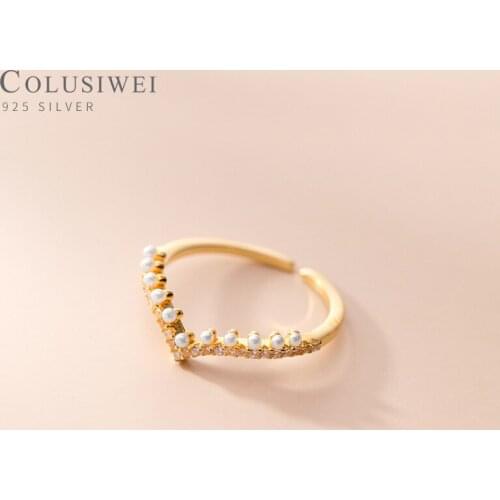 Colusiwei Vintage 925 Sterling Silver Sparkling Zircon with Pearl V Shape Opening Ring for Women Wedding Bands Ring Fine Jewelry