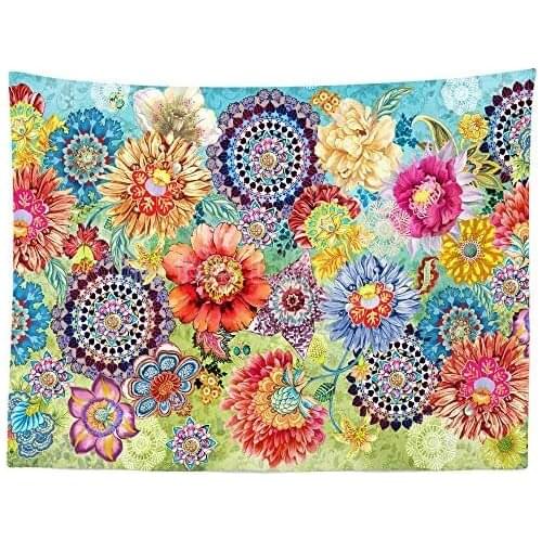 Floral Flowers Retro Bohemian Colorful Spring Plants Indian Mandala Folk Art Tapestry Bedroom Living Room Dormitory Decoration