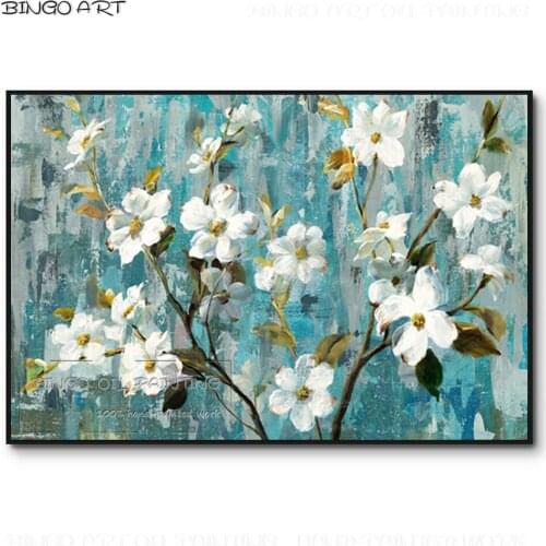 Unframed Hand-painted Great Pile of Flowers Oil Painting Beautiful Blue and White Flowers Acrylic Painting for Wall Decoration