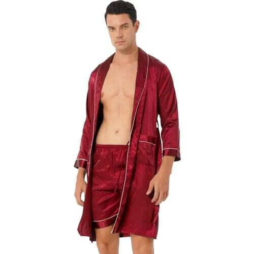 Men Sissy Casual Satin Pajama Set Loungewear Nightwear Kimono Robe Belted Bathrobe Nightgown With Shorts Sleepwear