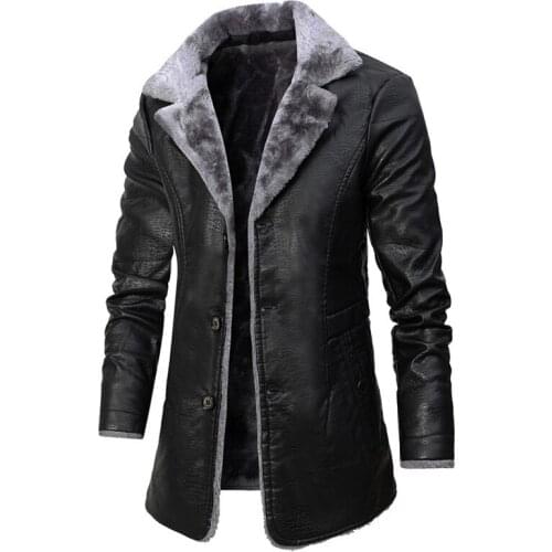 Male Winter Coat New Winter Windbreaker Leather Jacket Men Velvet Thicken Coats Lapel Medium Length Keep Warm Black Fur Coat Men