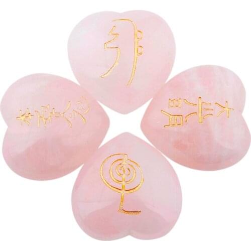 TUMBEELLUWA 4Pc/Set Natural Rose Quartz Puffy Heart Engraved Usui Symbols Palm Stone Worry Stones Healing Reiki Chakra