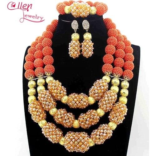 New African Orange Beads Jewelry Set 3 Layers Pendant Statement Necklace Set Indian Beads Jewelry Free Shipping E1022