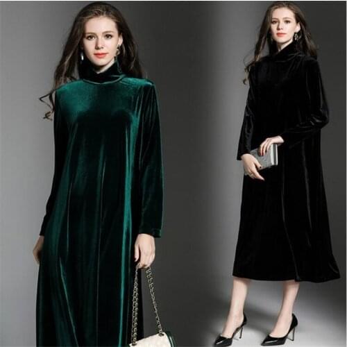 2020 Autumn Winter Vintage Women Long Dress Solid Velvet Turtleneck Elegant Evening Party Maxi Dress Vestido Plus Size M-7XL