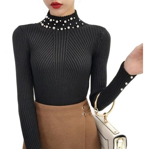 Autumn and Winter Women Casual Pearl Beaded Sweater O-Neck Long Sleeve Slim Women Knit Sweater and Pullover