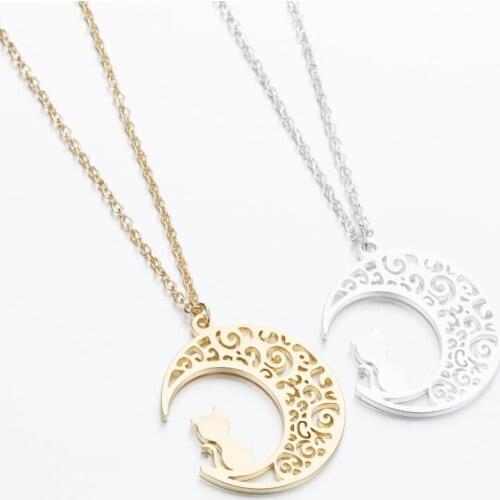 Classic Moon Cat Pendant Necklace for woman man Stainless Steel Vintage Gold Moon Charm Jewelry Christmas Gifts