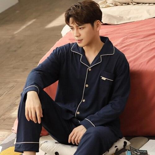 Spring Autumn Cotton 2PCS Pajamas Suit Men Loose Full Sleeve Pant Nightwear Casual With Pocket Home Wear Blue Comfort Sleepwear