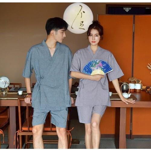 Japanese Style Yukata for Adult Couples Clothing Woman Kimono Cotton Short V-neck Man Jinbei Pajamas Sleepwear Clothing Set