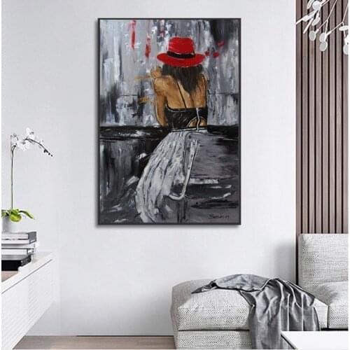 Hand Painted Knife Painting Back of Girl Keeping Thickness Oil Painting On Canvas For Kitchen Bar Wall Decoration