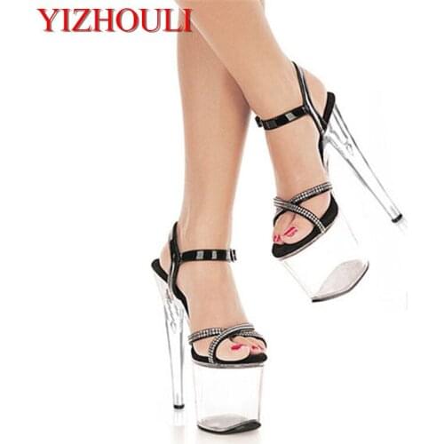 20cm sequins decorated with transparent soles pole dancing performance sandals, beautiful stage, high-heeled dancing shoes