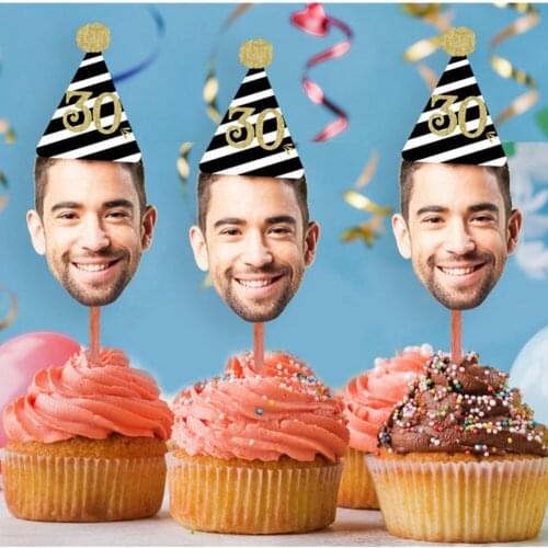 Custom Face birthday Cupcake Toppers, personalize 30th, 40th, 50th, 60th, 75th Black and Gold birthday Photo Cupcake Topper