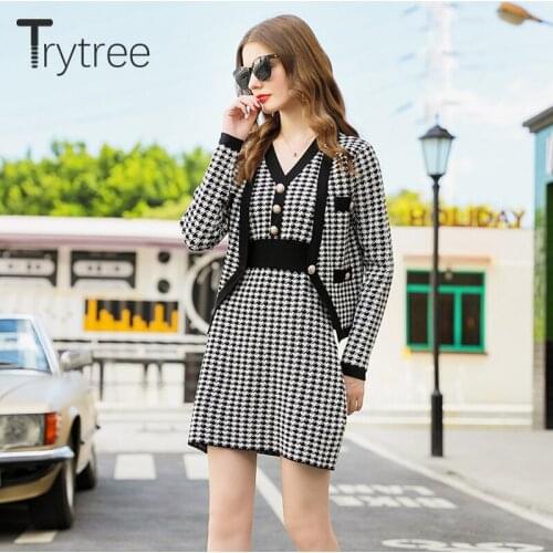 Trytree 2020 AW Women Two piece set Casual Plaid Single Breasted Coat + Dress High Elasticity Knitted Office Lady 2 Piece Set