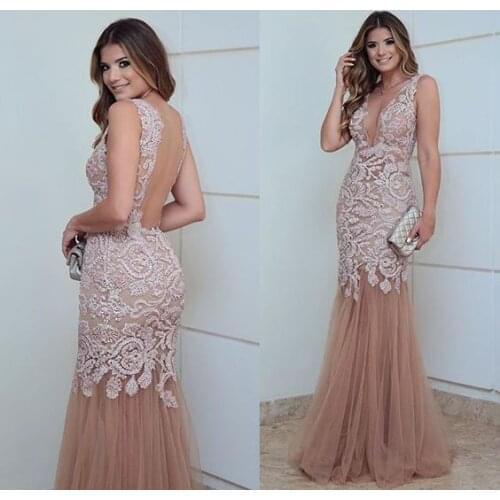 SuperKimJo Champagne Evening Dresses Long Vestiti Eleganti Donna Cerimonia Backless Lace Applique Beaded Modest Evening Gowns