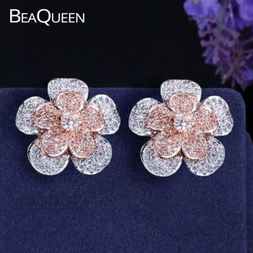 BeaQueen Elegant 2 Tones Rose Gold Color Micro Paved Cubic Zirconia Big 3D Geometric Flower Stud Earrings Women Jewelry E213