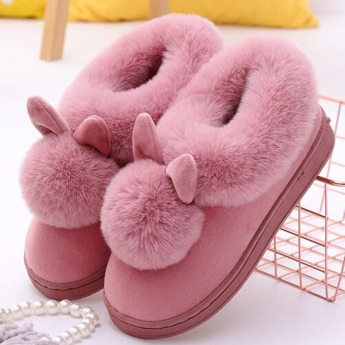 Womens Long Ear Single Ball Cotton Shoes Winter Warm Bag Root Thickening Sole Indoor Wood Floor Home Cotton Shoes Cartoon