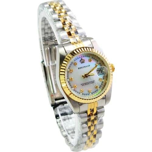 2019 Reginald Top Brand Quartz Lady Watch Woman Luxury Gold Fluted Bezel Pearl Diamond Dial Full Stainless Steel Luminous Clocks