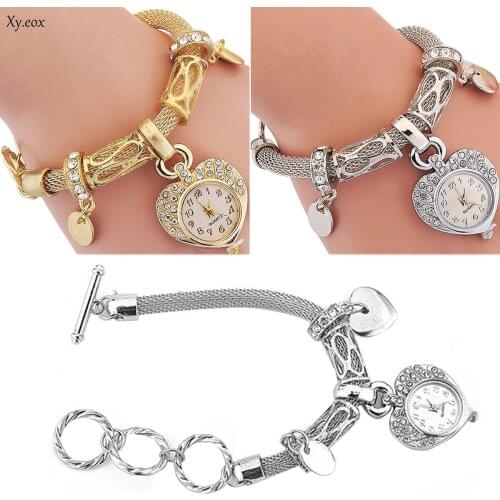 Womens Girls Rhinestone Crystal Heart Dangle Bracelet Quartz Wrist Watch