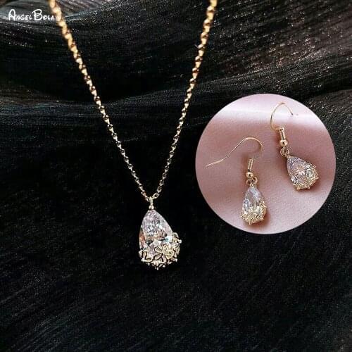 Luxury CZ Jewelry Sets for Women Water Drop Gold Plated Necklace Earrings Set Wedding Engagement Accessories Anniversary Gift