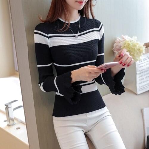 Striped Long Sleeve Sweater 2018 Autumn Winter Women Sweaters And Pullovers Knitwear Female Jumper Pull Femme Black And White