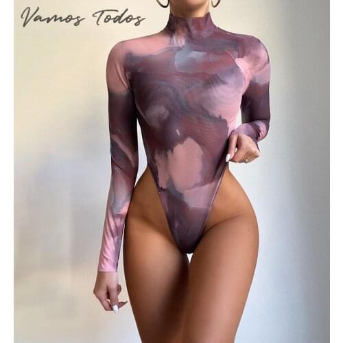 2021 Autumn Multi Color Print Bodysuit For Women Clothes Tie Dye O-Neck Long Sleeve One Piece Body Suit Sexy Bottoming Playsuit