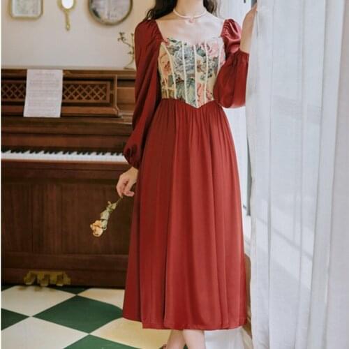 French Retro Red Elegant Dress Womens 2020 Autumn Winter Sexy Square Collar Lantern Sleeve Embroidered Chic Dress