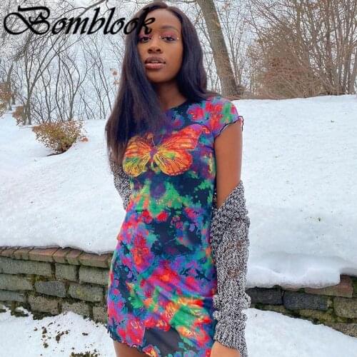 Bomblook Sexy Party Club Bodycon Dresses For Women 2021 Summer Print O-neck Mesh Sleeve Two Layers Mixi Dress Female Streetwears