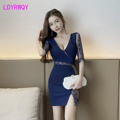 2021 new deep V low-cut lace stitching dress open back split buttocks Office Lady Polyester Knee-Length