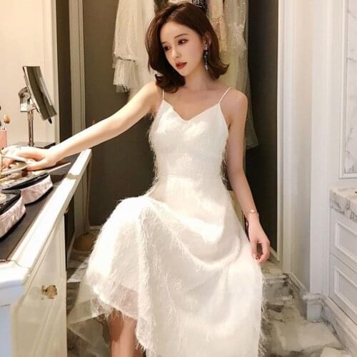 Summer Lady V-neck White Sling Fairy Dress Temperament Strap Dress Tassel Sleeveless Elegant Sexy Mid-length Long skirt