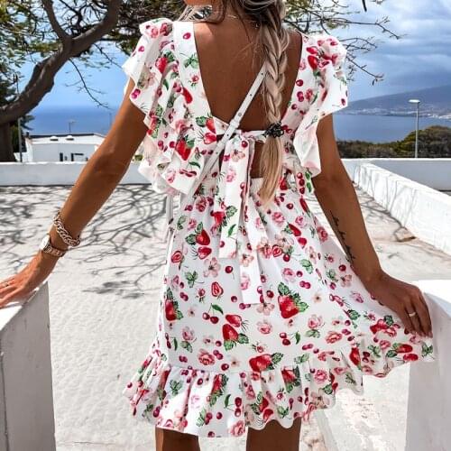 WYBLZ Summer Butterfly Sleeve Floral Print Dress Women Ruffled Square Collar Back Lace-up Sundress Boho A Line Beach Party Dress