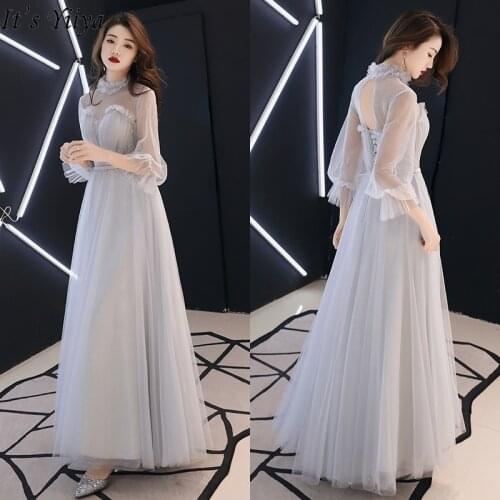 Its Yiiya Evening Gowns Illusion Three Quarter Sleeve High Collar A-Line Dress Woman Party Ruched Evening Dress 2020 LF183