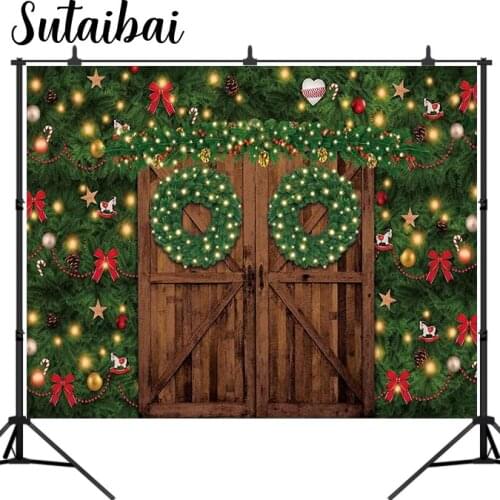 Winter Christmas Rustic Barn Door Photography Backdrop Merry Xmas Wooden Wall Farmhouse Trees Background Baby Shower Kids