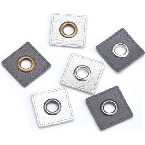 30pcs/lot 27mm square Silver/Dark grey PU leather sew on Badges patch labels + inner 8mm metal brass eyelets grommets free ship